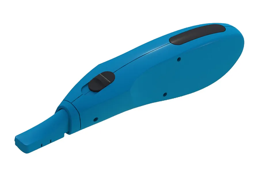 A blue handheld electric sander and polisher tool for model building, shown from a high-angle perspective against a white background.