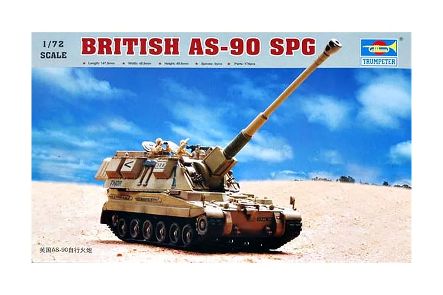 Product box art for a Trumpeter 1/72 scale British AS-90 SPG model kit, featuring a tan self-propelled gun in a desert setting.