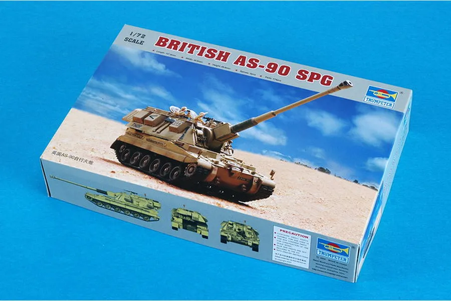 Trumpeter 1/72 scale British AS-90 SPG plastic model kit box showing an illustration of the tank in a desert setting.