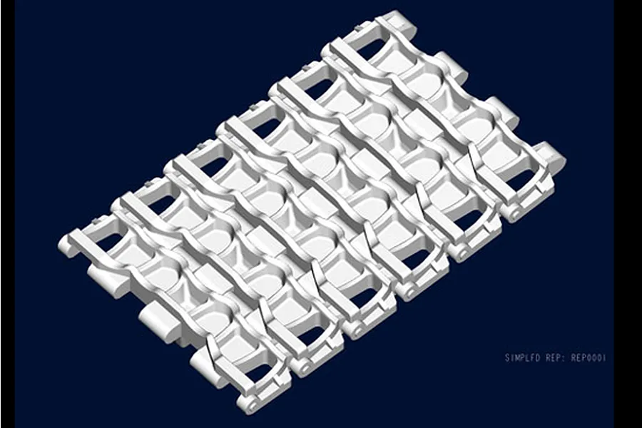 A 3D digital render of a section of Russian tank tracks on a dark blue background.