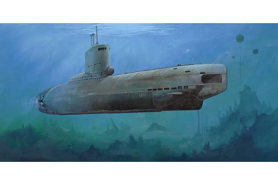An artistic illustration of a German Type XXIII U-Boat submerged underwater, showing the submarine moving through a deep blue ocean environment.