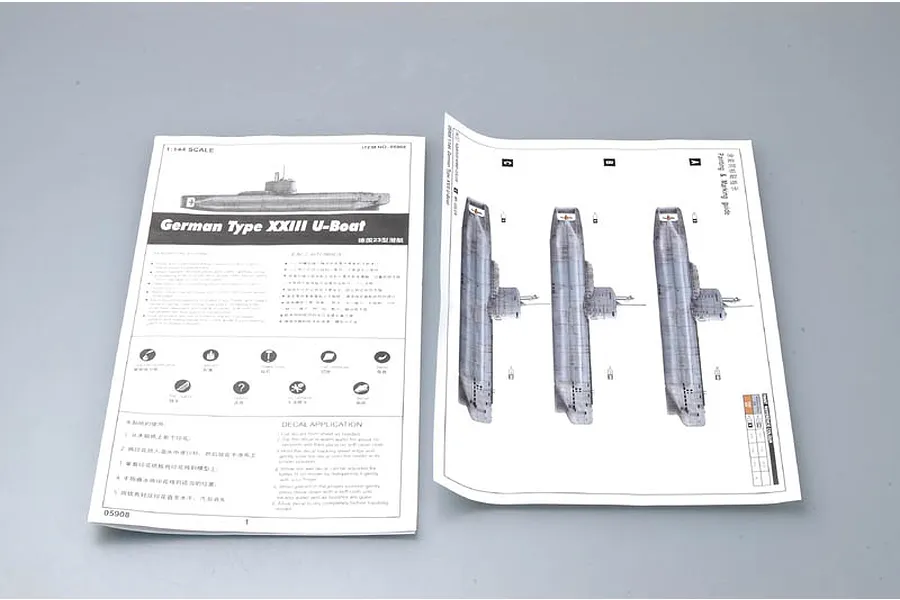 Instruction manual and painting guide for the Trumpeter 1/144 German Type XXIII U-Boat plastic model kit.