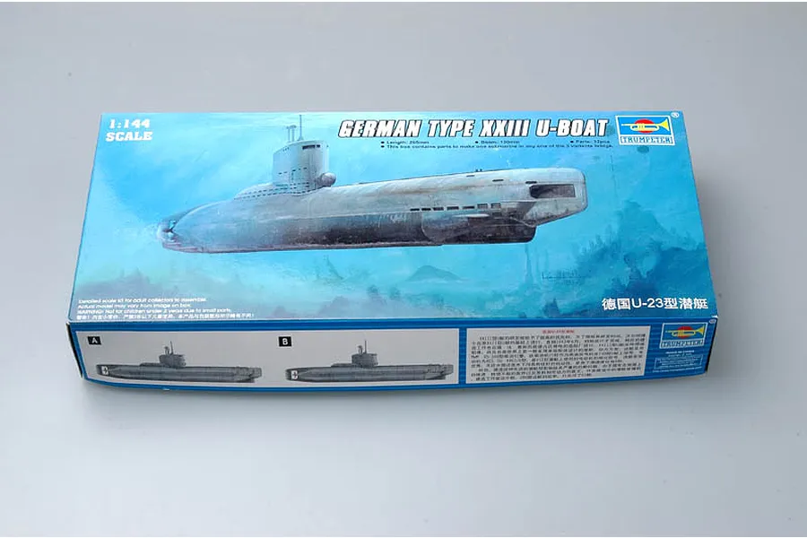 Trumpeter 1/144 scale German Type XXIII U-Boat plastic model kit box showing a submarine illustration against a blue underwater background.
