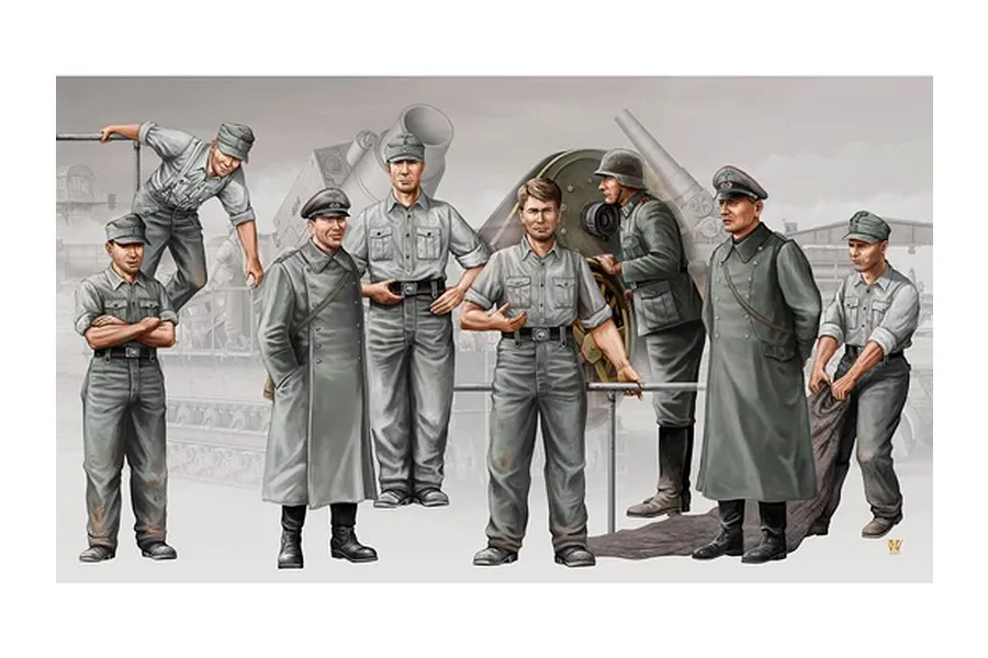 Box art illustration for Trumpeter 1/35 German Artillery Morser Karl crew model kit featuring eight soldiers in uniform standing before a large artillery piece.