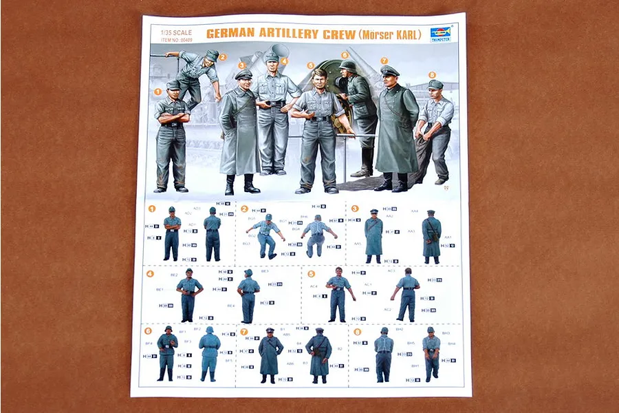 Instruction sheet for Trumpeter 1/35 German Artillery Crew (Morser Karl) model kit showing painting guides for eight figures.