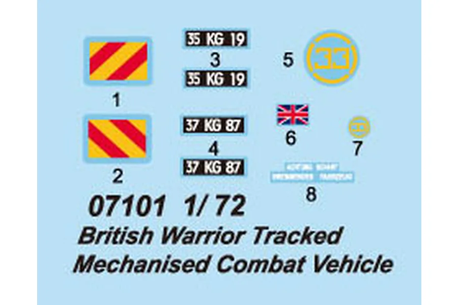 A decal sheet for the Trumpeter 1/72 British Warrior model kit, featuring various military markings, a Union Jack, and identification numbers.