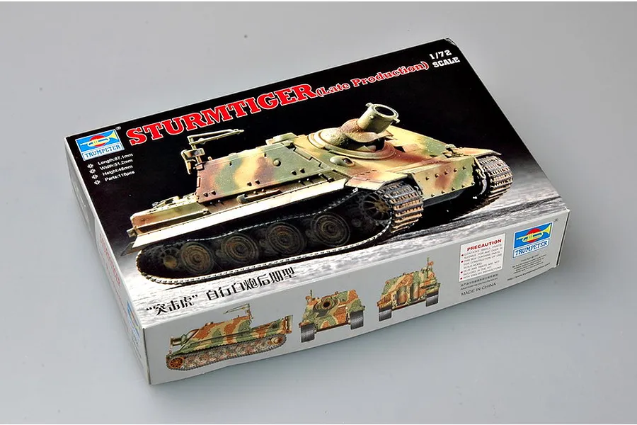 Trumpeter 1/72 scale Sturmtiger (Late Production) plastic model kit box showing a camouflage tank illustration.