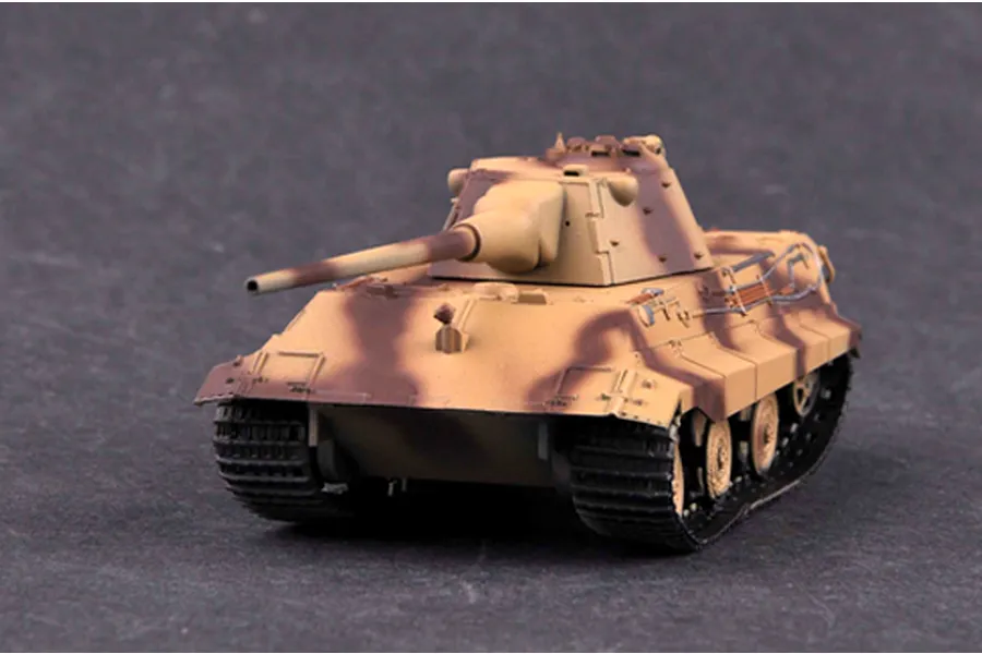 A 1/72 scale plastic model of a German E-50 tank painted in a tan and brown camouflage pattern, viewed from the front-quarter angle.