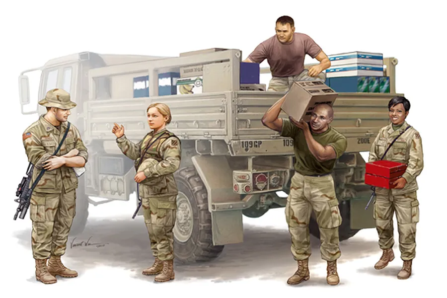 Illustration of US military logistics personnel in camouflage uniforms loading a cargo truck with supplies.