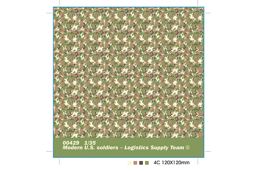 A digital graphic showing a woodland camouflage pattern with a label for Trumpeter 1/35 Modern U.S. soldiers Logistics Supply Team model kit.
