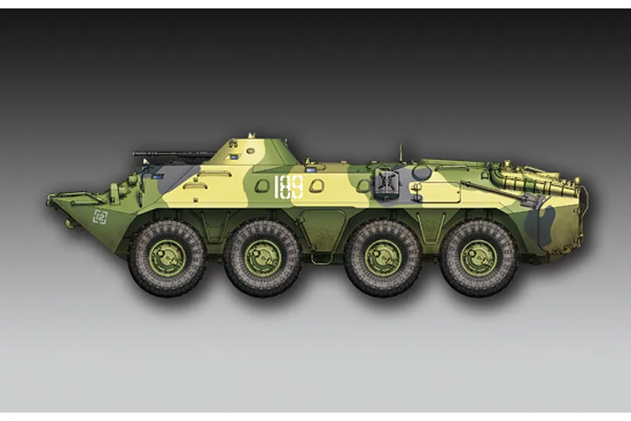 A side-profile digital illustration of a Russian BTR-70 APC in camouflage paint with the number 189 on the hull.