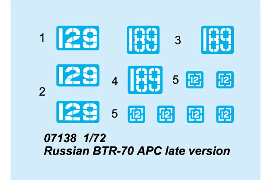 A digital decal sheet for a 1/72 scale Trumpeter Russian BTR-70 APC model kit, showing numbered stencil-style markings on a light blue background.