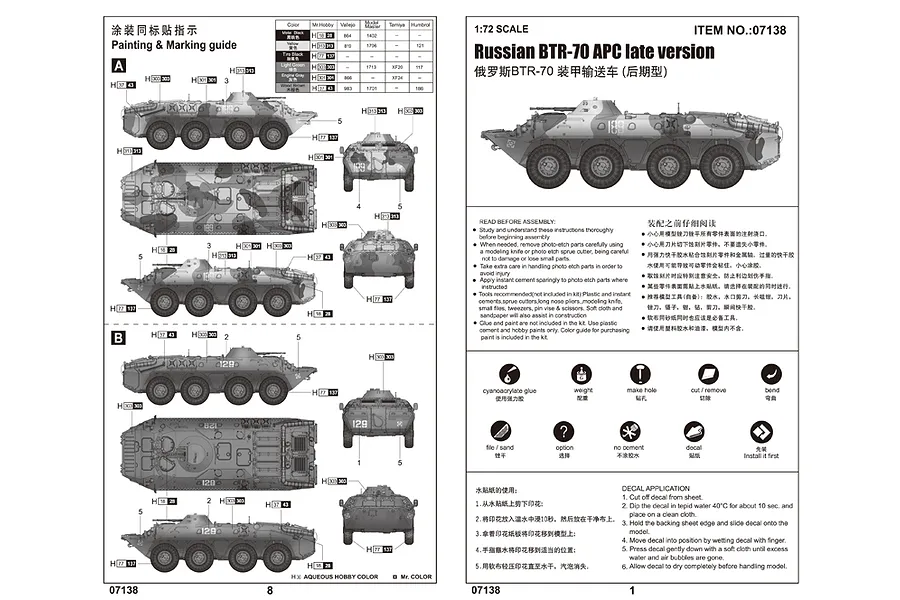 Trumpeter 1/72 Russian BTR-70 APC (Late Version) Armoured Personnel Carrier Scaled Plastic Model Kit image 5