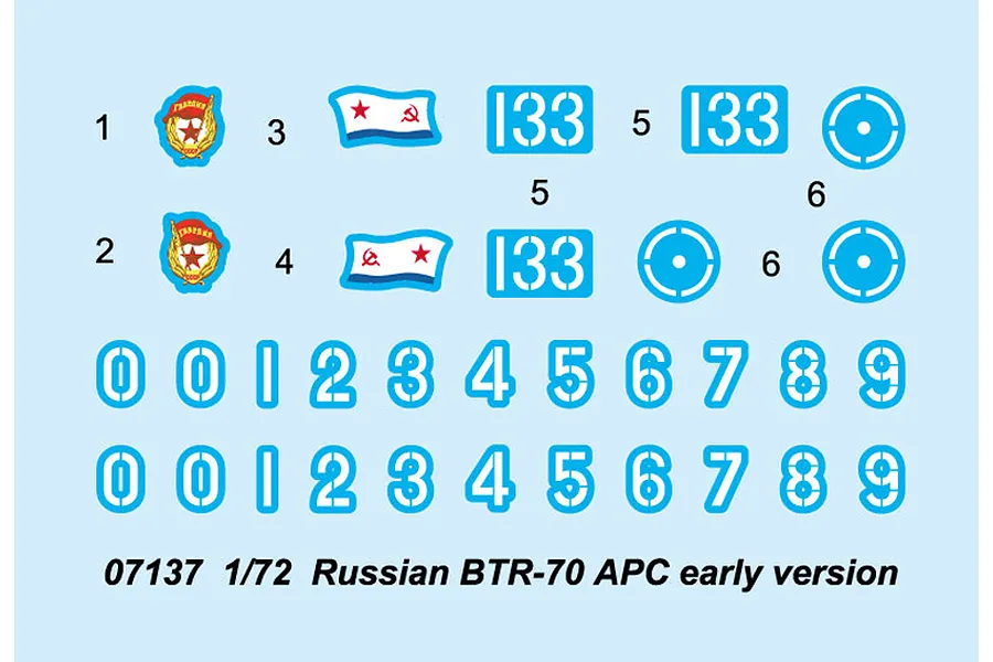 A digital sheet of waterslide decals for a 1/72 scale Trumpeter Russian BTR-70 APC model kit, featuring numbers, Soviet flags, and insignia.