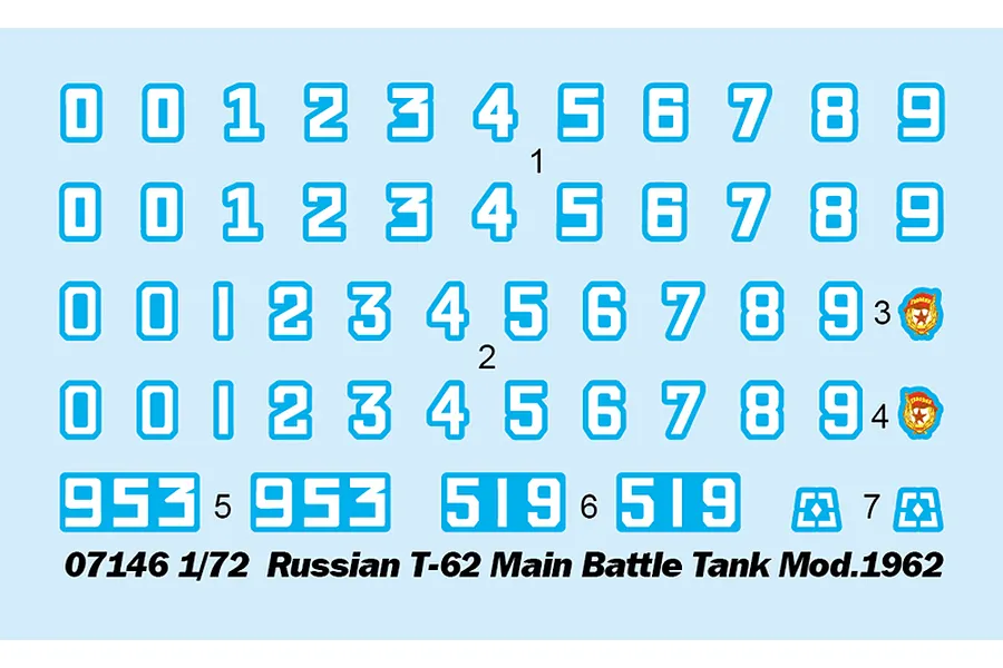 A decal sheet for a 1/72 scale Trumpeter Russian T-62 tank model kit, featuring rows of blue numbers, two small emblems, and two sets of three-digit numbers.
