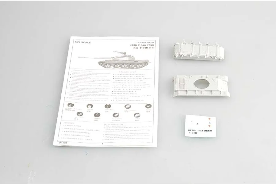 Trumpeter 1/72 scale T-54B tank model kit contents including instruction manual, plastic hull parts, and a small decal sheet on a white background.