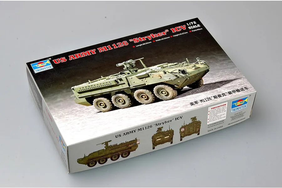 Trumpeter 1/72 scale US Army M1126 Stryker ICV plastic model kit box showing the finished model on the lid.