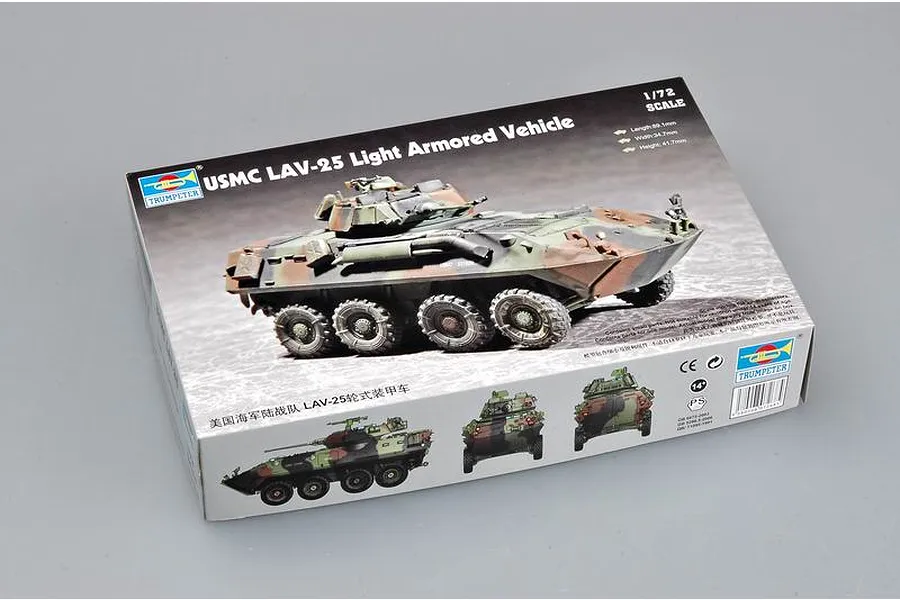 Trumpeter 1/72 scale USMC LAV-25 Light Armored Vehicle plastic model kit box showing a finished model on the front.