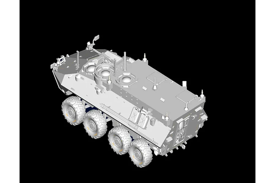 A 3D digital render of a U.S.M.C LAV-C2 armoured vehicle model kit in light grey plastic, viewed from an elevated rear-three-quarter angle.