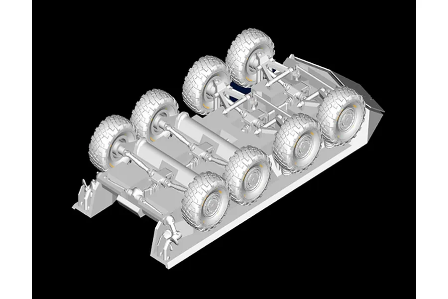 A 3D digital render showing the underside chassis and eight-wheel suspension system of a military armoured vehicle model.