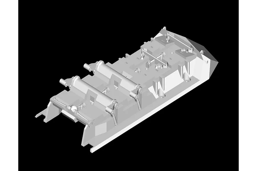 A 3D render of the lower hull chassis for a Trumpeter 1/72 scale LAV-C2 model kit, showing suspension and drivetrain mounting points.