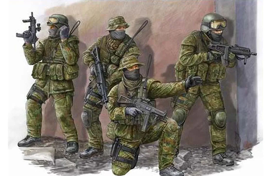 Box art illustration of four German KSK commandos in camouflage gear and tactical equipment, holding rifles and submachine guns.