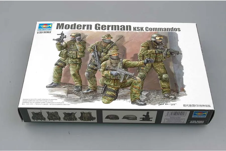 The box for a Trumpeter 1/35 scale Modern German KSK Commandos plastic model kit featuring box art of four soldiers in camouflage gear.
