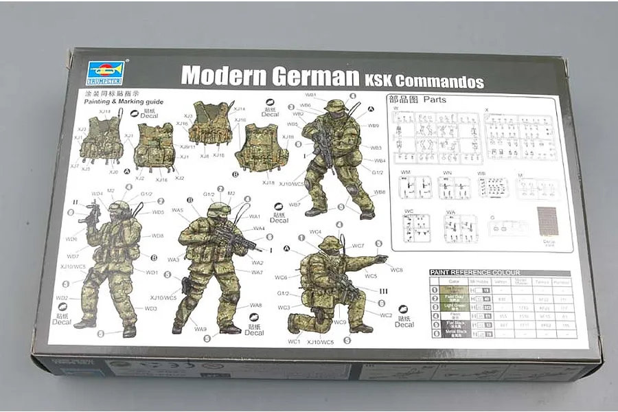 Back of the Trumpeter 1/35 Modern German KSK Commandos model kit box showing painting and marking guides for soldier figures.