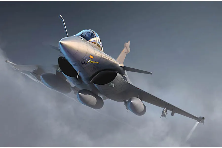 Digital illustration of a Dassault Rafale C fighter jet flying through clouds, viewed from a low front angle.