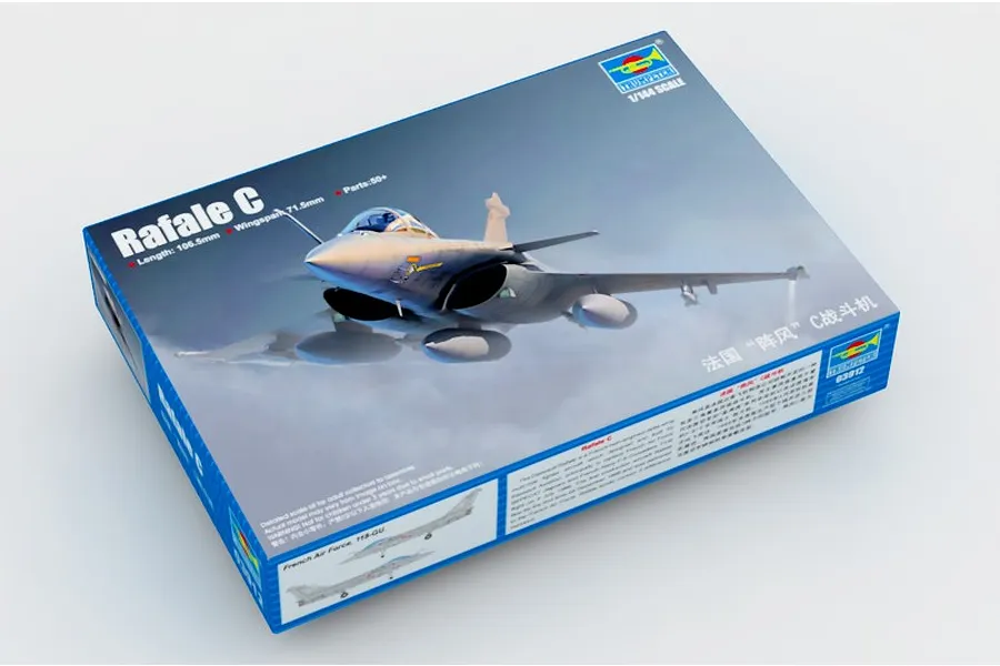 Trumpeter 1/144 scale Rafale C fighter jet plastic model kit box, featuring an illustration of the aircraft in flight.