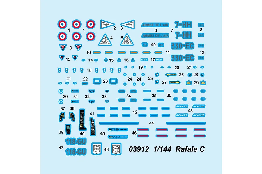 A decal sheet for a 1/144 scale Trumpeter Rafale C model kit, featuring various French Air Force markings, instrument panels, and serial numbers.