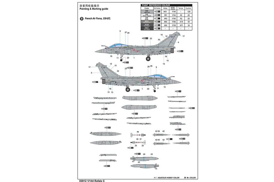 Painting and marking guide for a Trumpeter 1/144 scale Rafale C model kit, showing side profiles and weapon loadouts with paint reference table.