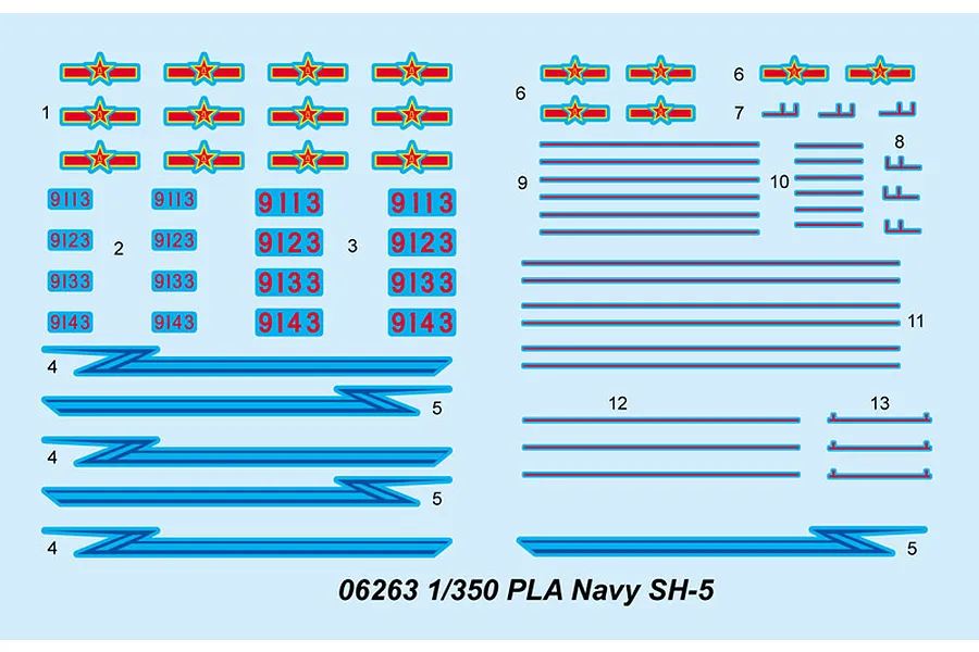 A decal sheet for a 1/350 scale Trumpeter PLA Navy SH-5 model kit, featuring red star insignias, identification numbers, and various blue stripes.