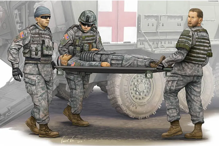 Box art illustration of a Trumpeter 1/35 scale Modern U.S. Army Stretcher Ambulance Team model kit showing soldiers carrying a wounded comrade.