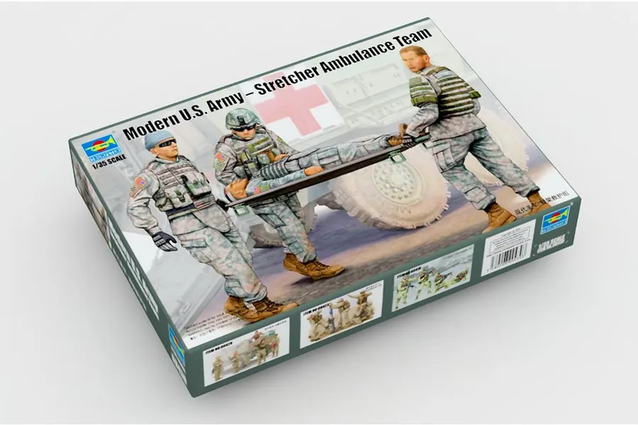 Trumpeter 1/35 scale Modern U.S. Army Stretcher Ambulance Team plastic model kit box art showing soldiers carrying a stretcher.