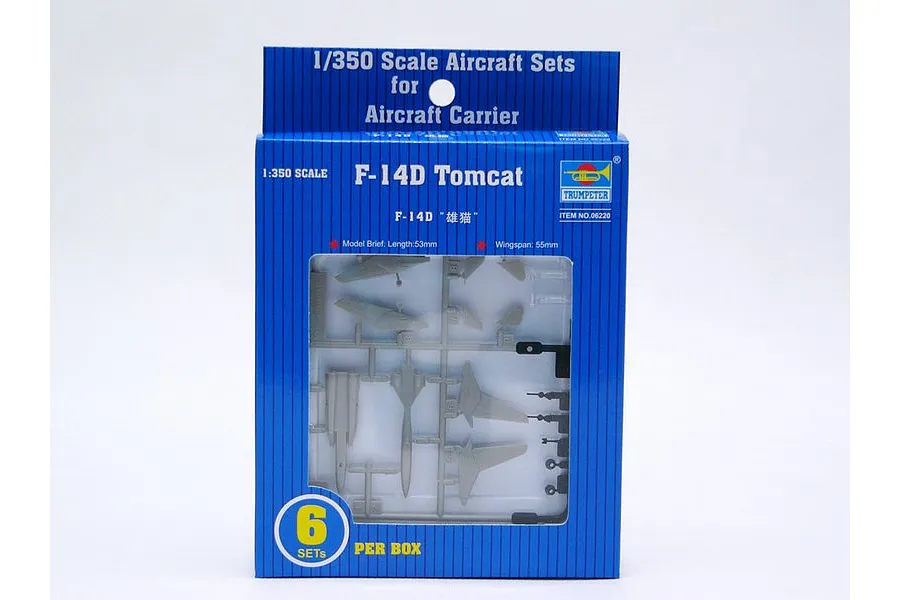 Trumpeter 1/350 scale F-14D Tomcat aircraft model kit box containing 6 sets of plastic model parts.