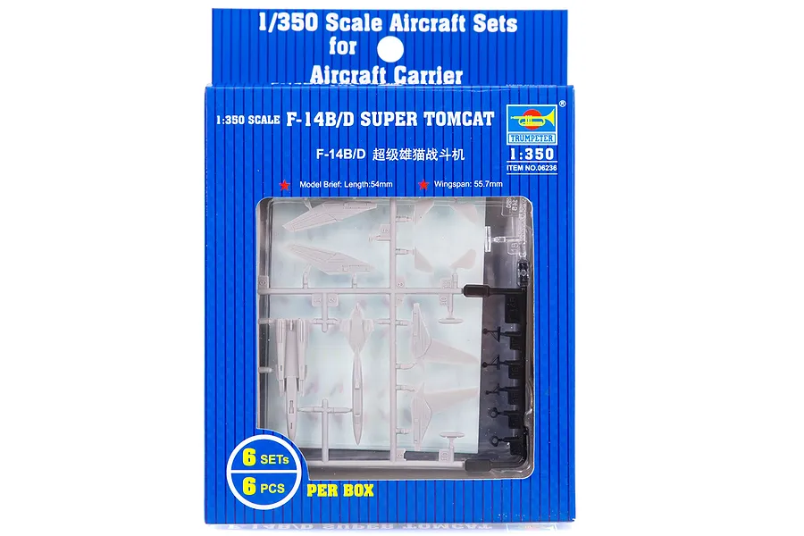 Trumpeter 1/350 scale F-14B/D Super Tomcat aircraft model kit in blue retail packaging with a clear window showing grey plastic sprues.