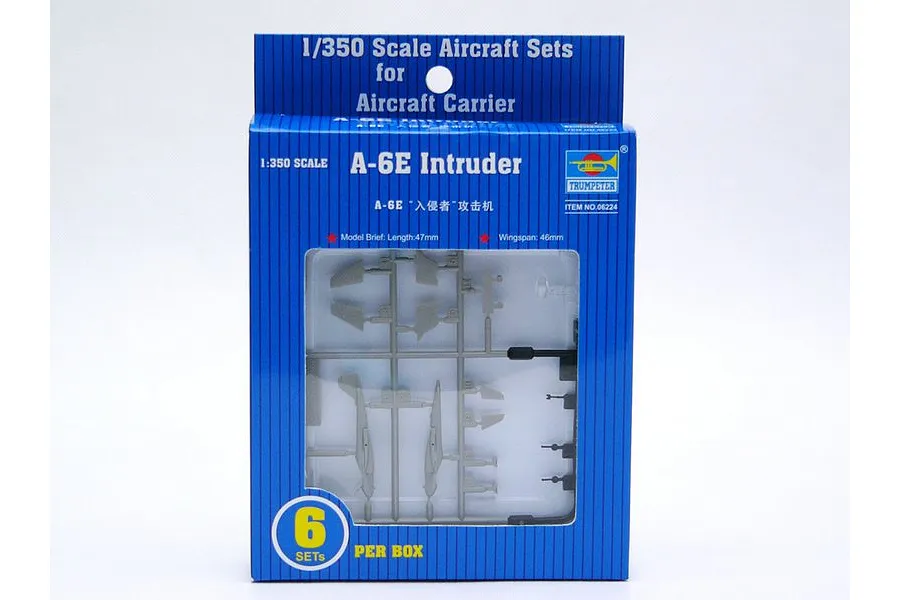 Trumpeter 1/350 scale A-6E Intruder aircraft model kit packaging featuring a blue box with a clear window showing grey plastic model sprues.