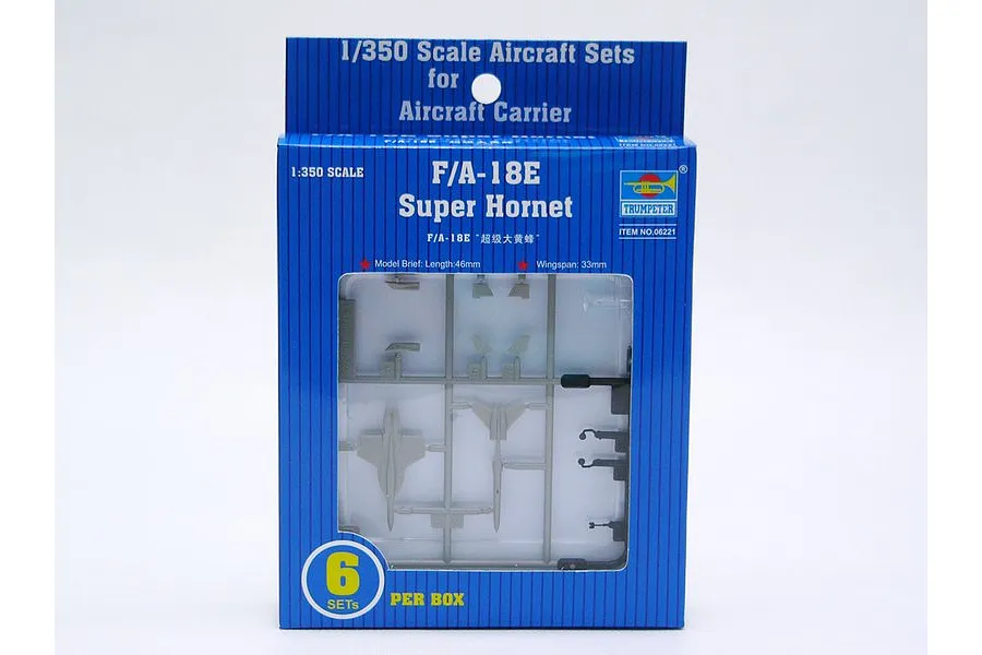 Trumpeter 1/350 scale F/A-18E Super Hornet model kit packaging showing plastic sprues inside a blue box.