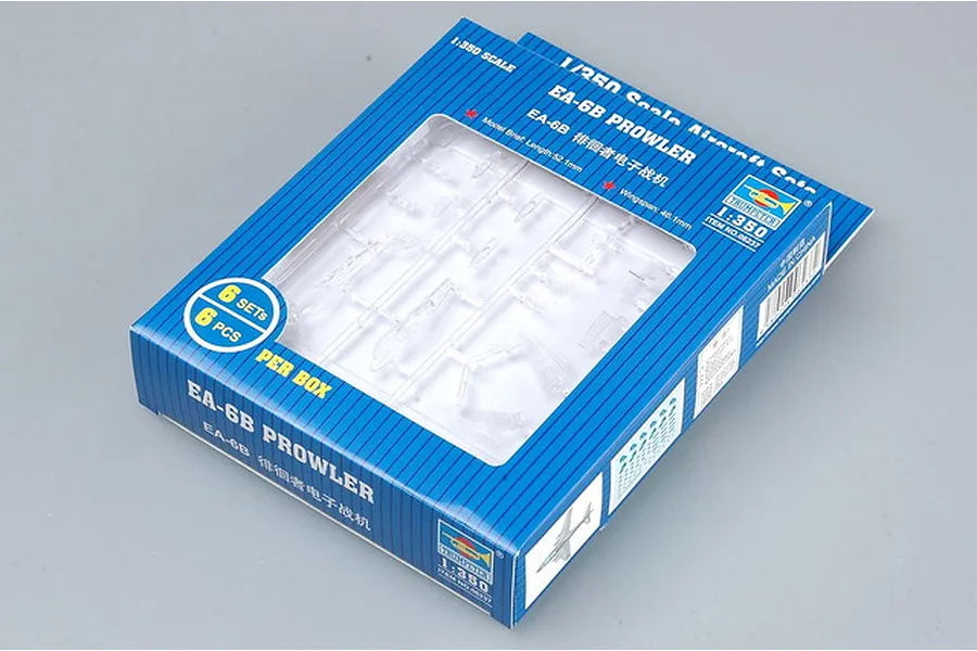 Trumpeter 1/350 scale EA-6B Prowler model aircraft kit box containing 6 sets of plastic model parts.
