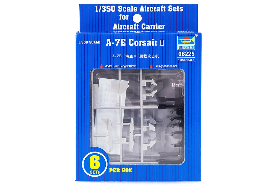Trumpeter 1/350 scale A-7E Corsair II aircraft model kit box containing plastic sprues and decals.