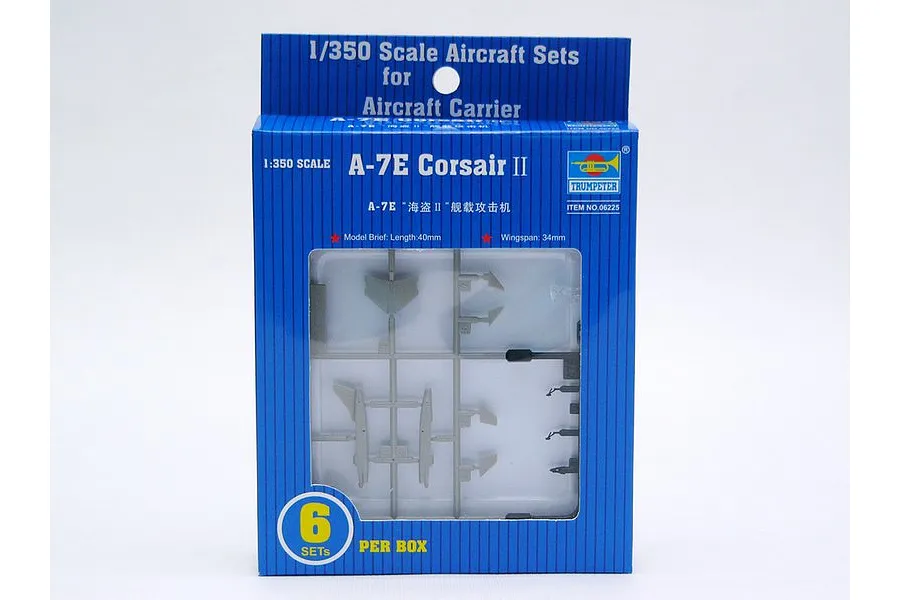 Trumpeter 1/350 scale A-7E Corsair II aircraft model kit box showing plastic sprues inside.