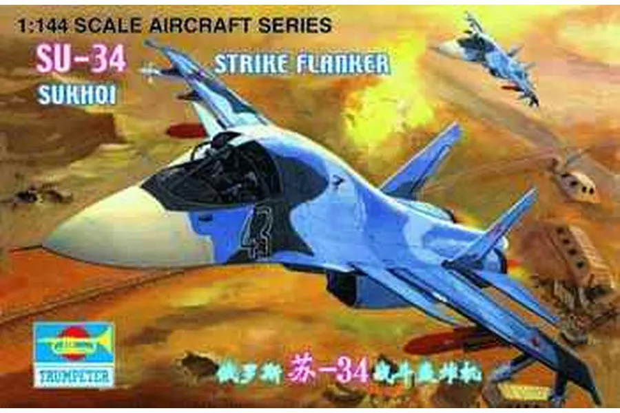 Box art for a Trumpeter 1/144 scale SU-34 Strike Flanker plastic model kit featuring a blue camouflage jet flying over a desert landscape.