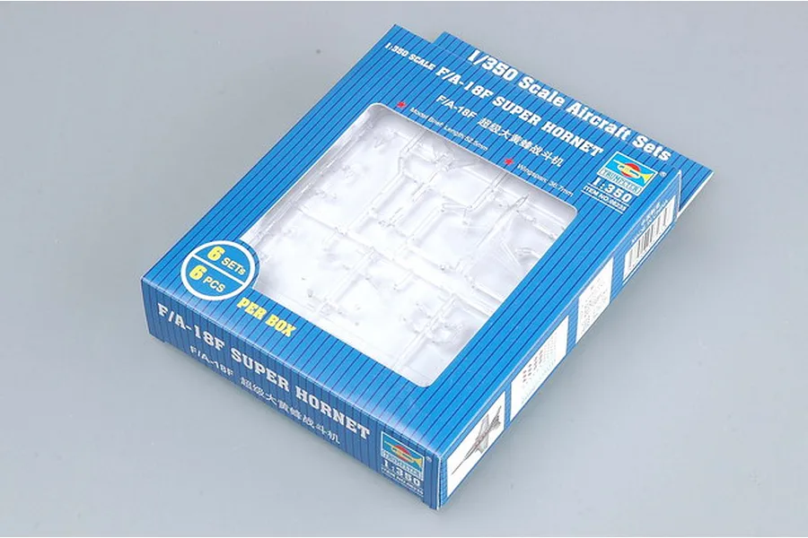 A blue Trumpeter 1/350 scale F/A-18F Super Hornet model kit box showing clear plastic sprues through a window.