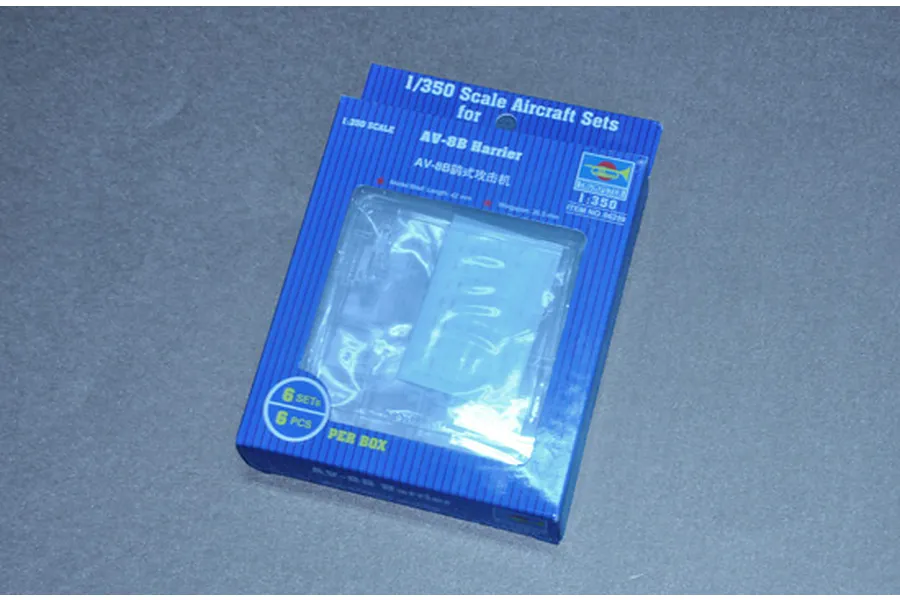 Trumpeter 1/350 scale AV-8B Harrier aircraft model kit packaging containing 6 pieces in a blue cardboard box.