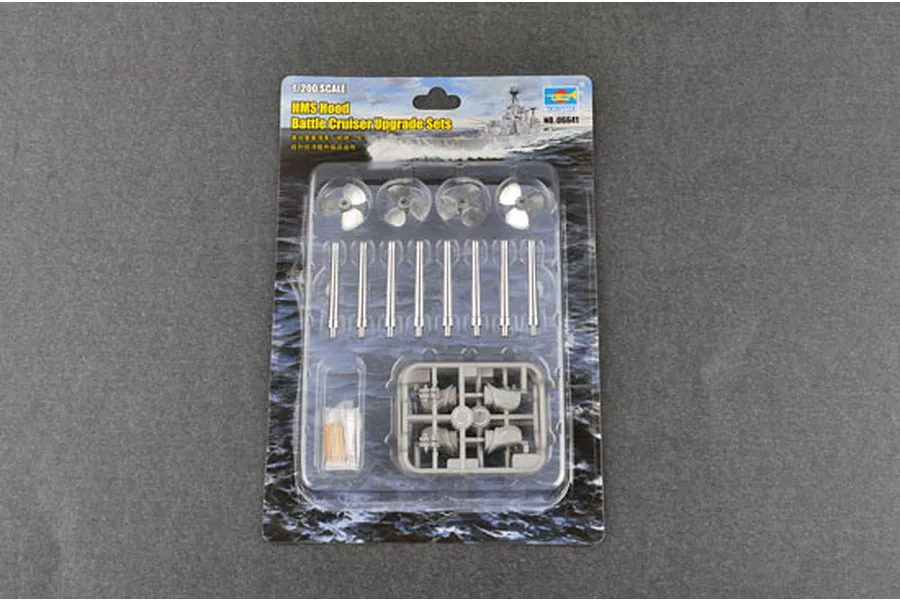 Trumpeter 1/200 scale HMS Hood Battle Cruiser upgrade set in original blister packaging showing metal propellers, shafts, and plastic parts.