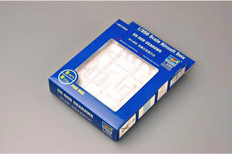 Trumpeter 1/350 scale SH-60B Seahawk helicopter model kit box containing 6 sets of plastic parts.