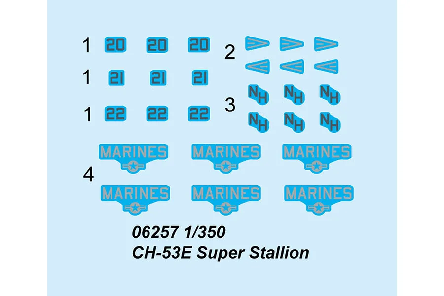A digital decal sheet for a 1/350 scale Trumpeter CH-53E Super Stallion model kit, featuring numbers, letters, and US Marines markings.