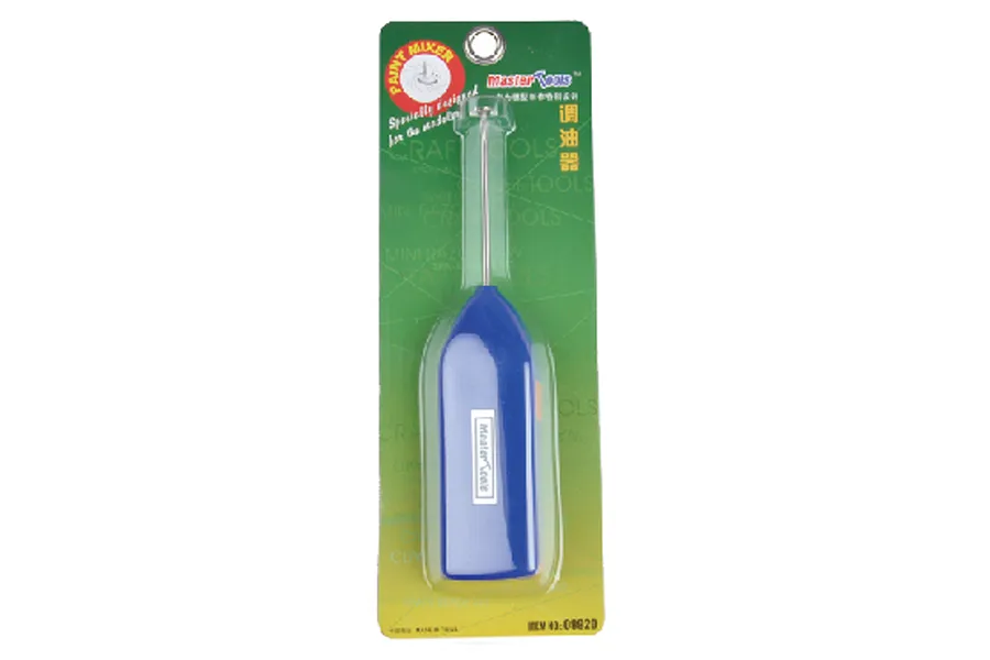 Trumpeter Master Tools AA battery-powered paint mixer in its original green and yellow retail blister packaging.