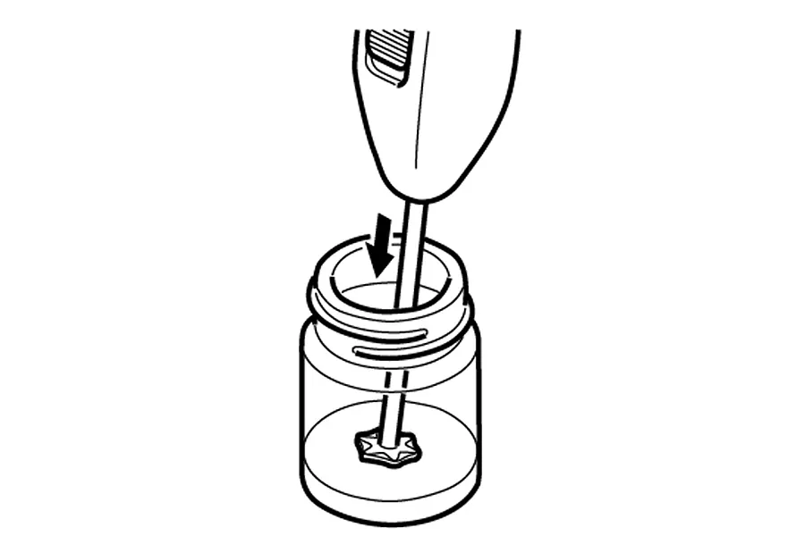A black and white line art illustration showing a handheld paint mixer being inserted into a small glass paint jar.